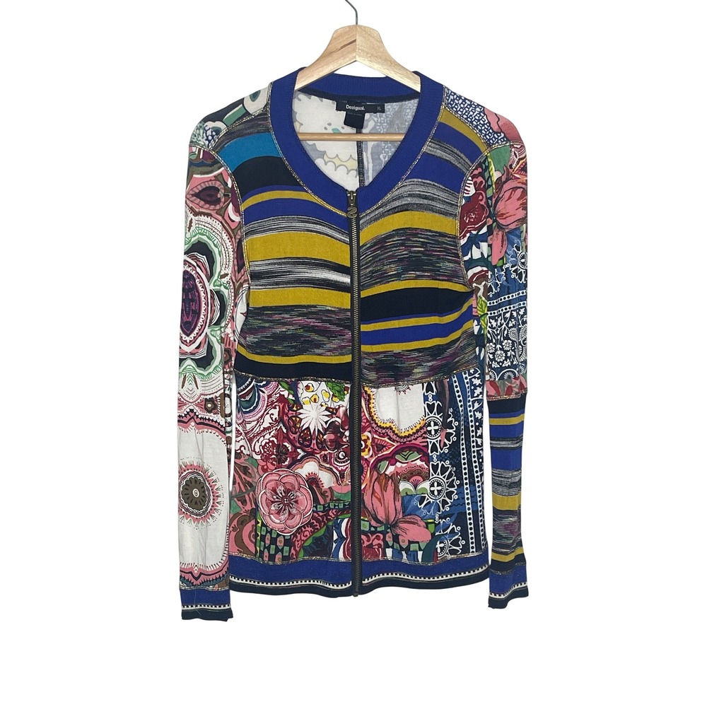 Desigual Womens Patchwork Floral Striped Zip Up Cardigan Multi-Color 18SWJFBG XL